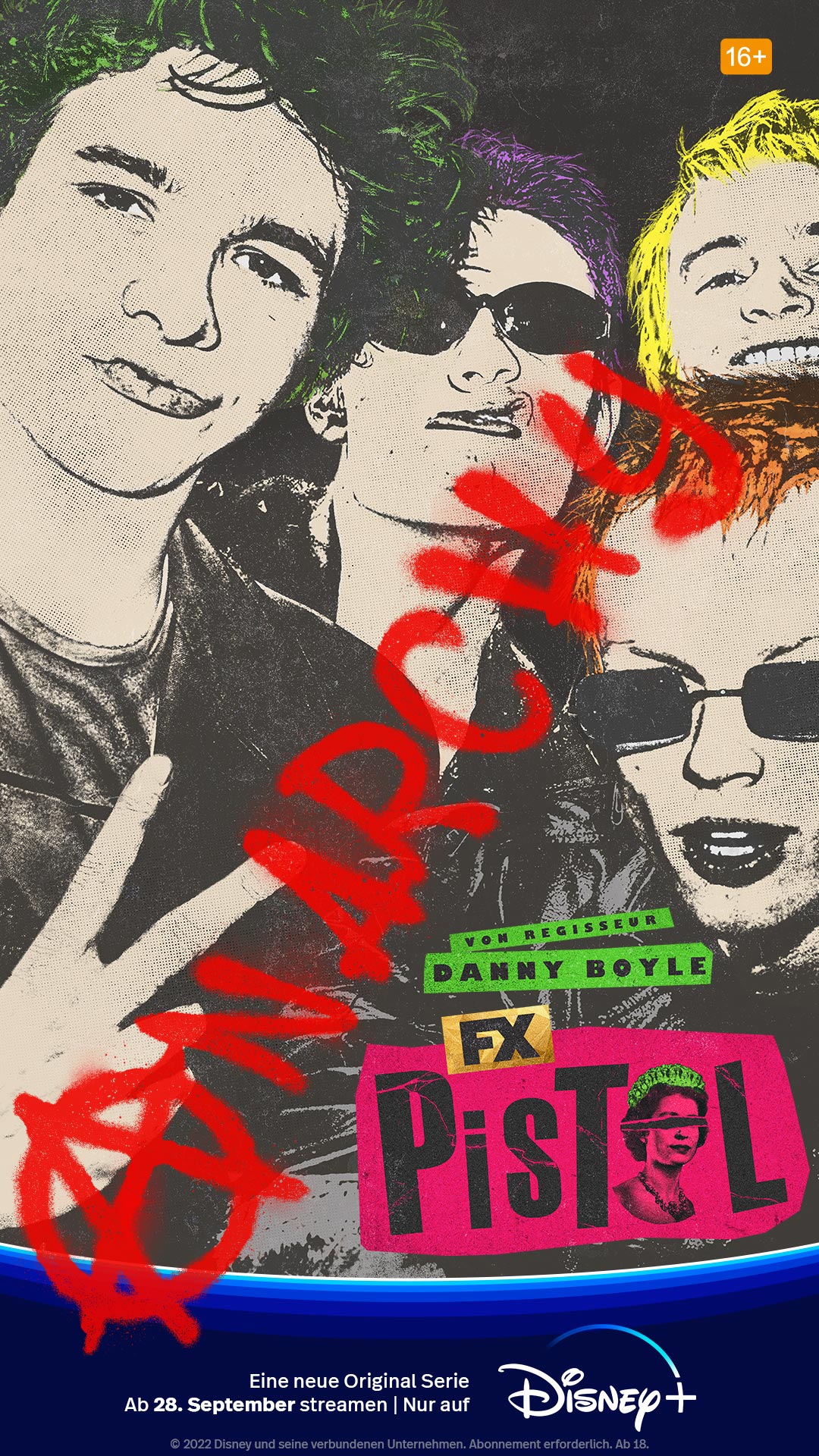 Auf dem Poster sind die gezeichneten Sex Pistols zu erkennen. Vorneweg ist Anarchy in gesprayter Form gesprüht worden - Pistol