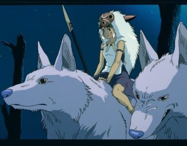 Auf dem Bild sehen wir Prinzessin Mononoke, wie sie selbstbewusst auf einem Wolf reitet