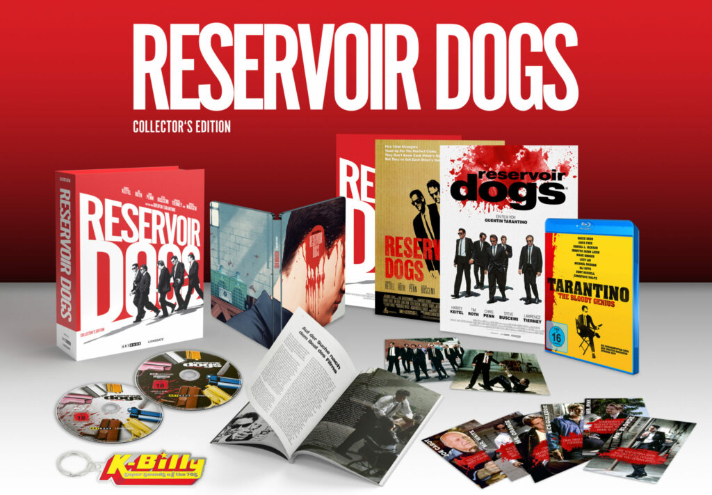 Eine Übersicht der vollständigen Collector's Edition von Reservoir Dogs. Es sind Poster, zwei Discs und das Steelbook zu sehen, auf dem ein blutendes Ohr zu erkennen ist.