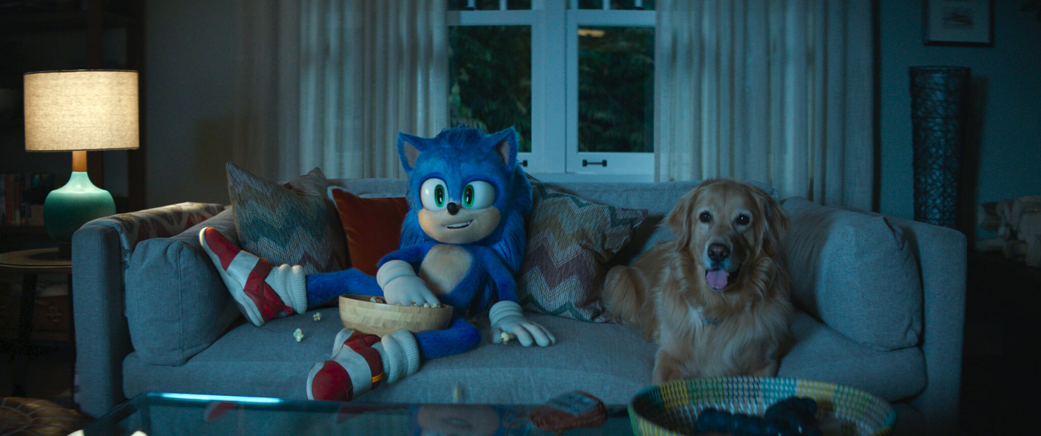 Sonic auf der Couch neben einem Hund beim Fernsehen.