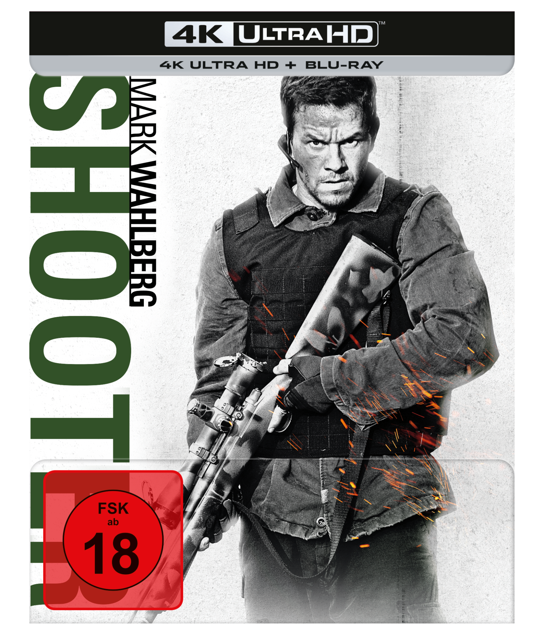 Bild der 4K UHD des Films Shooter mit Mark Wahlberg, der ein Sniper-Gewehr in der Hand hat.