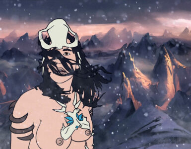 Die Hexe Tzod steht in ihrem archaisch anmutenden Knochengewand im Schneetreiben vor einem Gebirgshintergrund und schaut unsicher zum Himmel - The Spine of Night