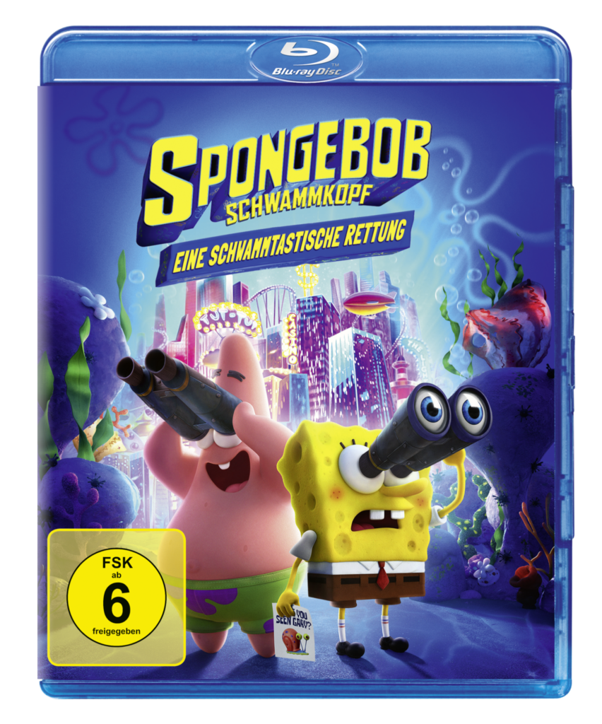 Filmplakat von SpongeBob Schwammkopf: Eine Schwammtastische Rettung. SpongeBob und sein Freund Patrick stehen vor den Toren von Atlantic City und schauen suchend durch Ferngläser