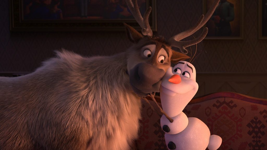 Der Elch Sven kuschelt mit dem Schneemann Olaf - Die Eiskönigin 2