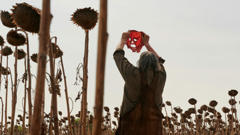Leatherface hält im Sonneblumenfeld seine gerade gefertigte Menschhaut-Gesichtsmaske triumphierend hoch - Texas Chainsaw Massacre