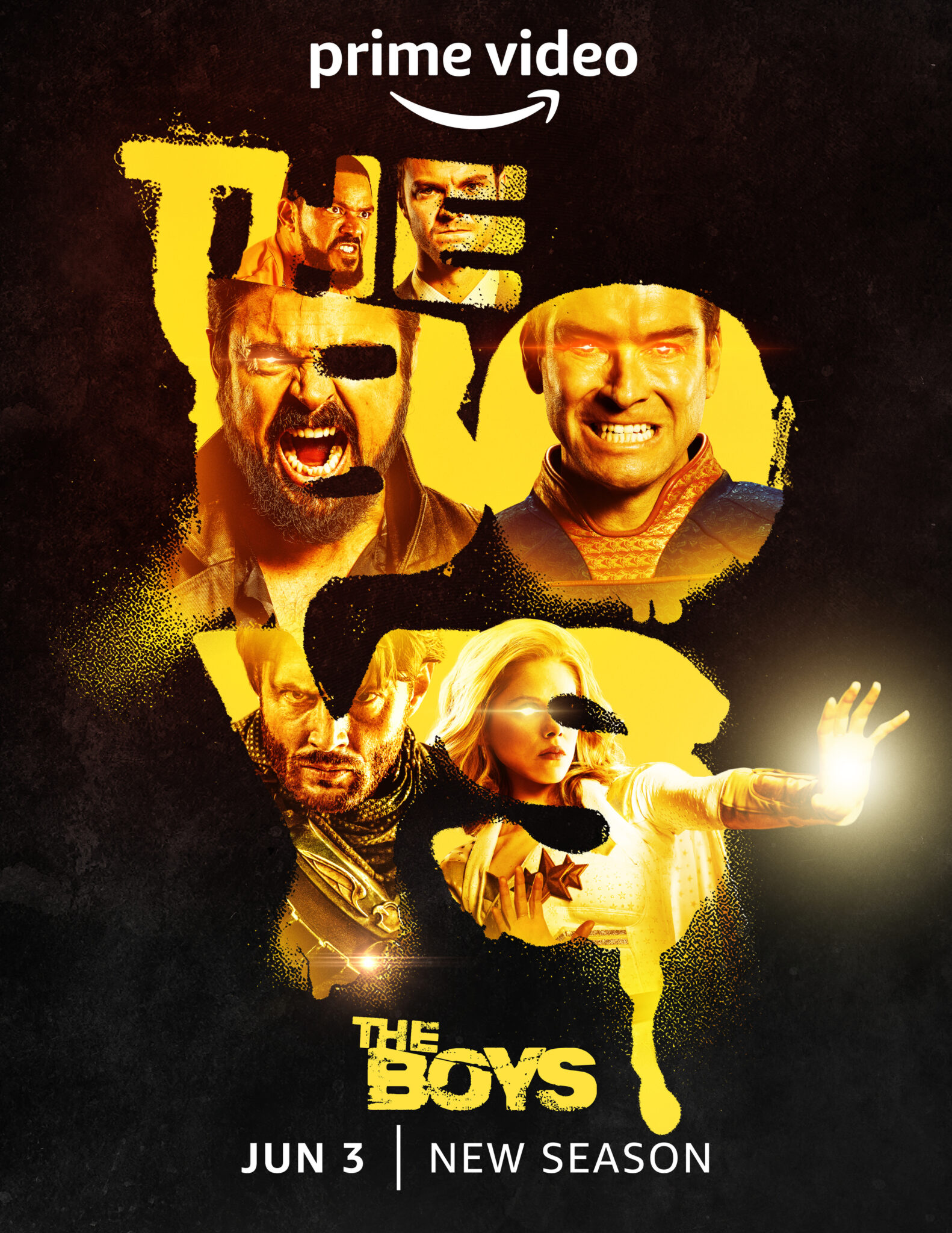 Das Poster zu The Boys Staffel 3 zeigt die Hauptfiguren hinter dem Serientitel in gelben Großbuchstaben.