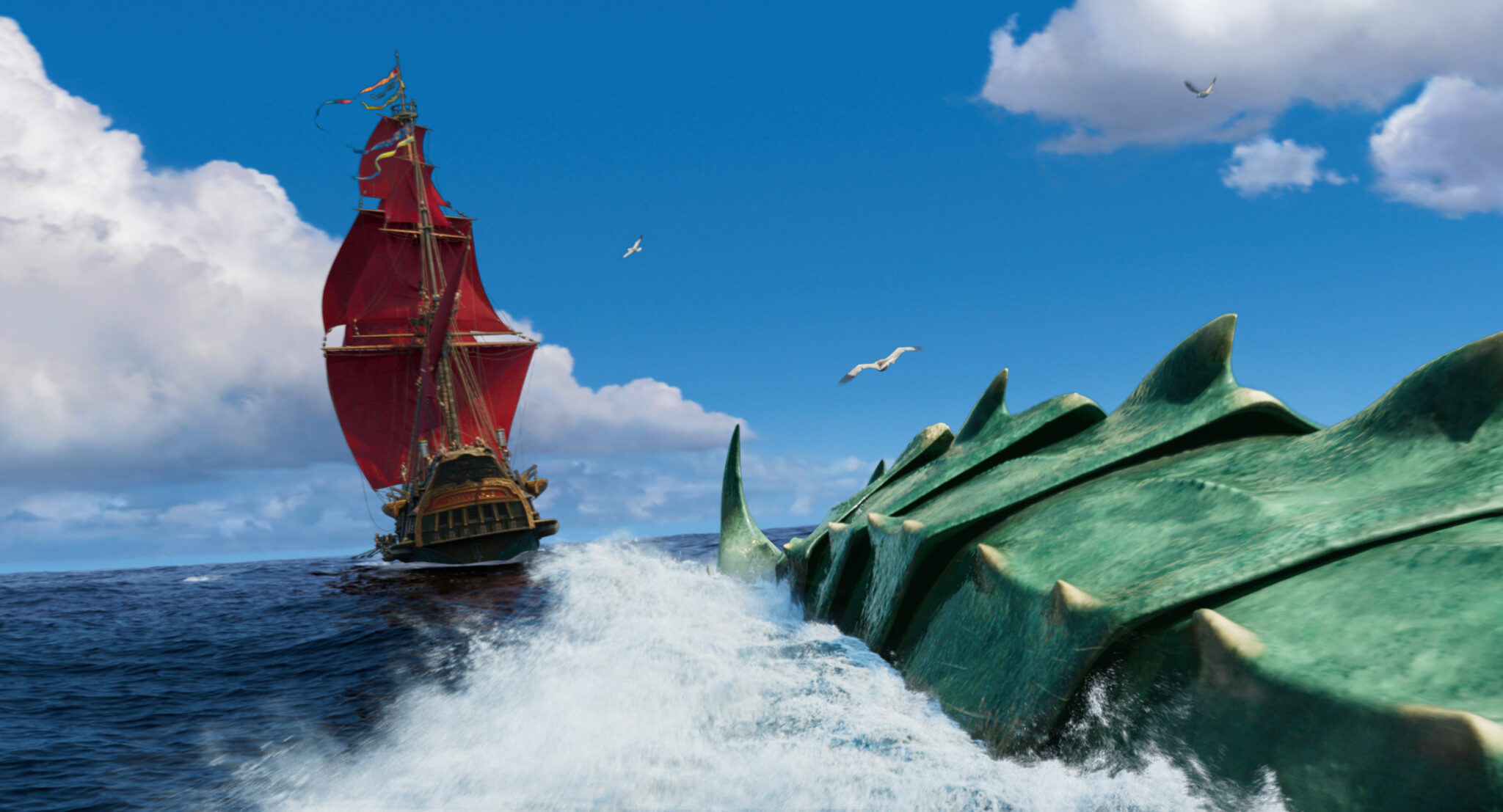 Ein Segelschiff mit rotem Segel links auf dem offenem Meer und im Vordergrund angedeutet ein großes Seemonster.