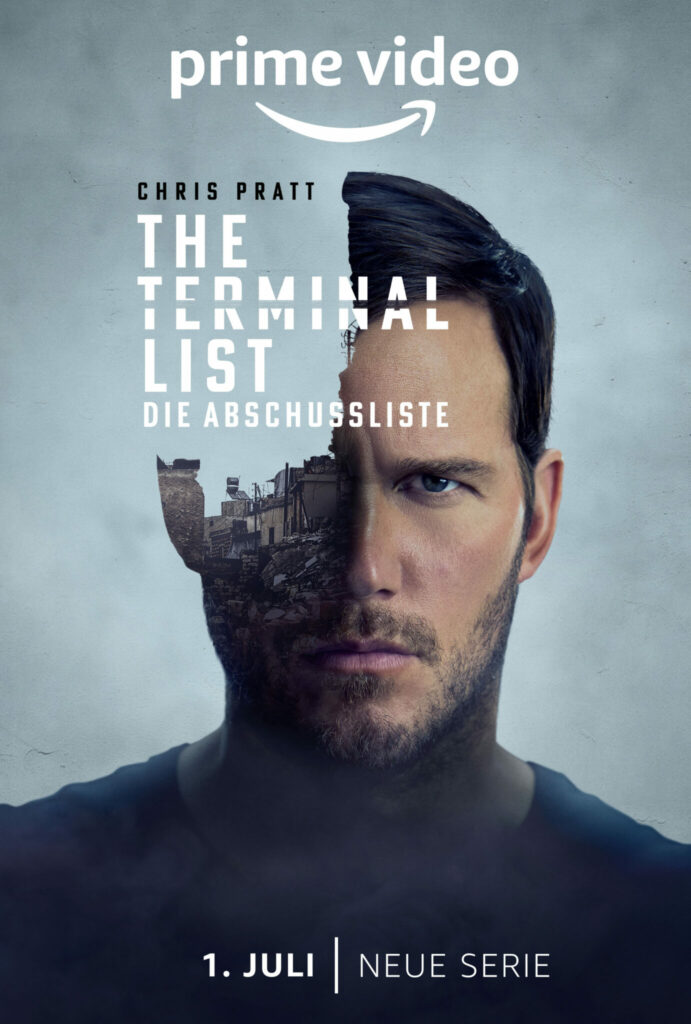 Auf dem Plakat zu The Terminal List ist das Gesicht von Chris Pratt zu sehen, dessen linke Gesichtshälfte durch eine Trümmerlandschaft ersetzt wurde
