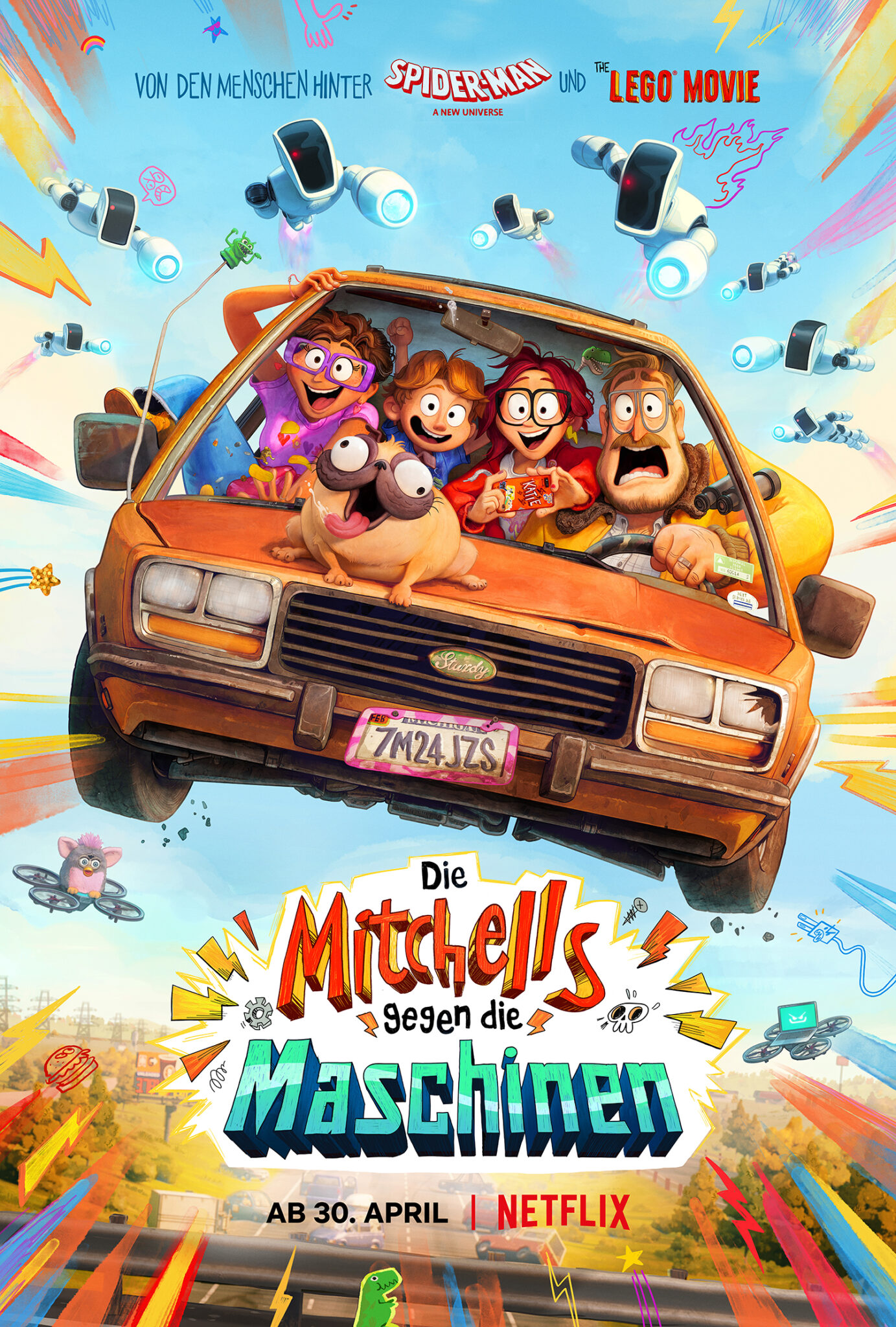 Das Poster des Films Die Mitchells gegen die Maschinen zeigt die Familie Mitchell in einem abgehobenen Auto im Mittelpunkt. Rundherum sieht man den Titel sowie einige Comic-Blitze und oben im Bild sieben fliegende Roboter.