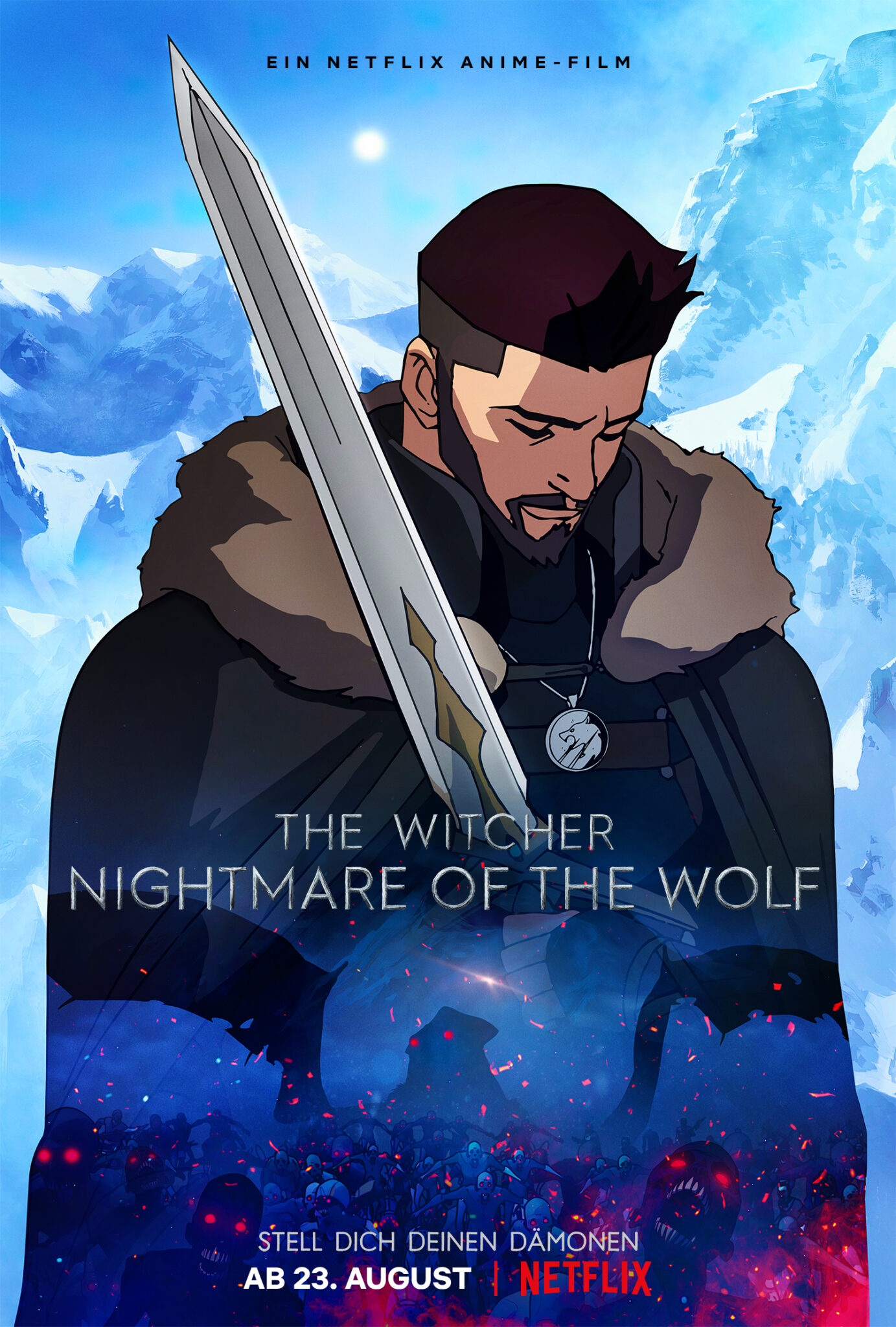Vesemir steht vor einer eisigen Berglandschaft, mit seinem Schwert auf die Schulter gelehnt - The Witcher: Nightmare of the Wolf