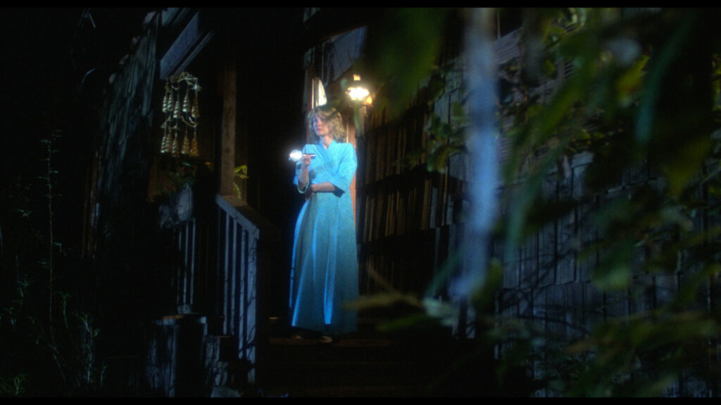 Karen steht nachts auf der Veranda eines Waldhauses und leuchtet mit einer Taschenlampe in die Ferne.