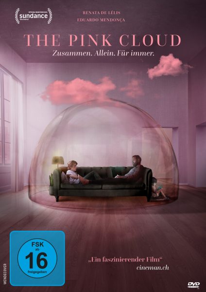 Man sieht auf dem Cover zu The Pink Cloud zwei Personen, die sich an zwei Enden eines Sofas gegenüber sitzen, alles umschlossen von einer Blase, über der pinke Wolken schweben