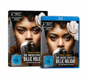 Andra Day ist als Hauptdarstellerin von The United States vs. Billie Holiday auf dem Cover für DVD und Blu-ray in Großaufnahme hinter einem Mikrofon abgebildet.