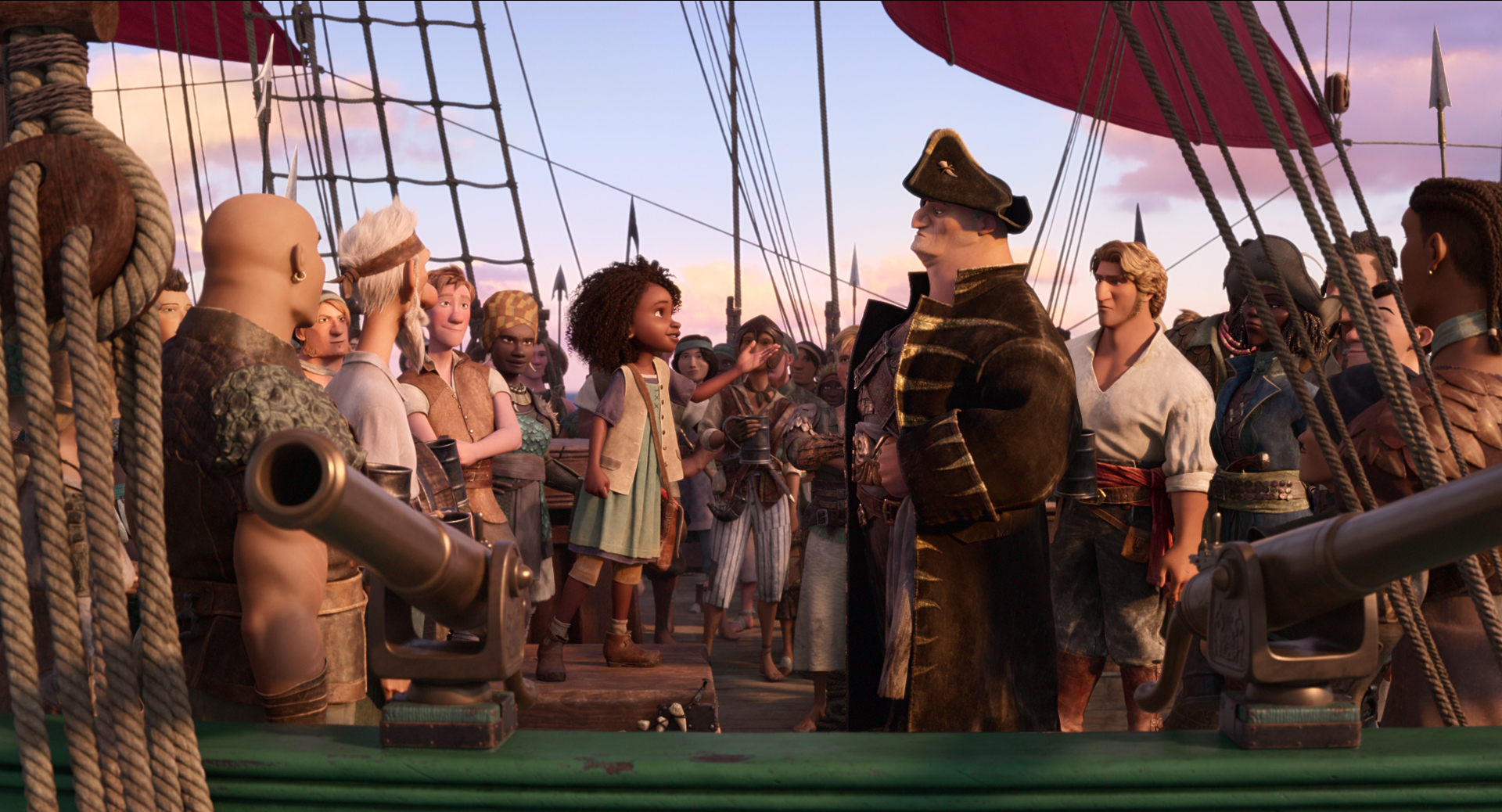Zahlreiche animierte Piratenfiguren an Bord eines Schiffs. Im Zentrum zeigt ein kleines Mädchen einem Kapitän etwas mit ihrer Gestik. Das Seeungeheuer