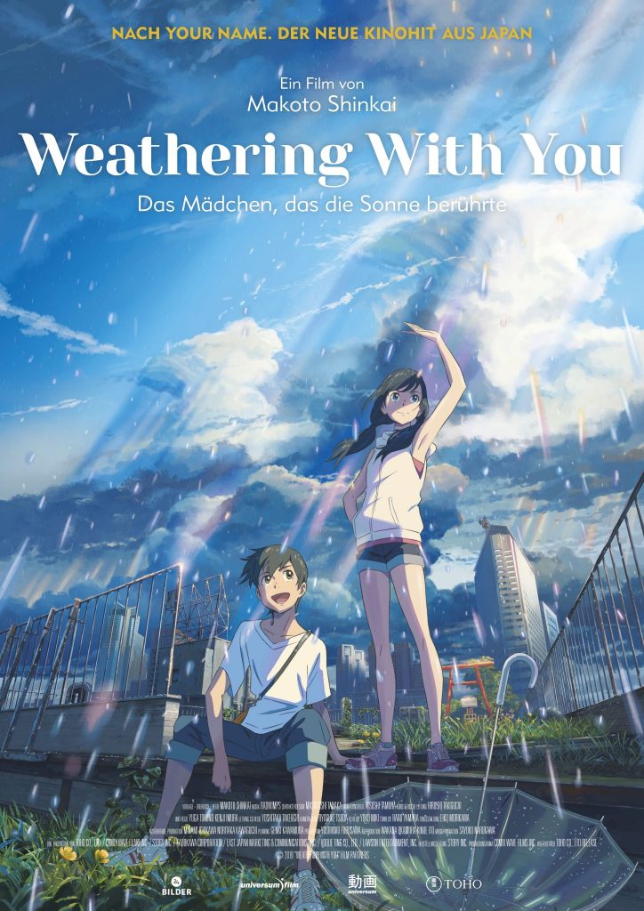 Hina und Hodaka im Regen auf dem offiziellen Filmplakat zu Weathering wih you - Das Mädchen, das die Sonne berührte