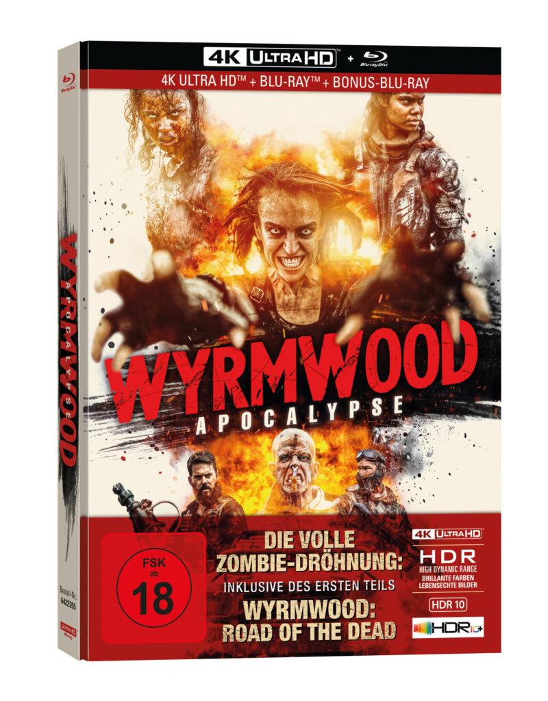 Das Mediabook zu Wyrmwood: Apocalypse zeigt verschiedene Zombies, im Hintergrund Explosionen und in der Mitte den Schriftzug des Titels.
