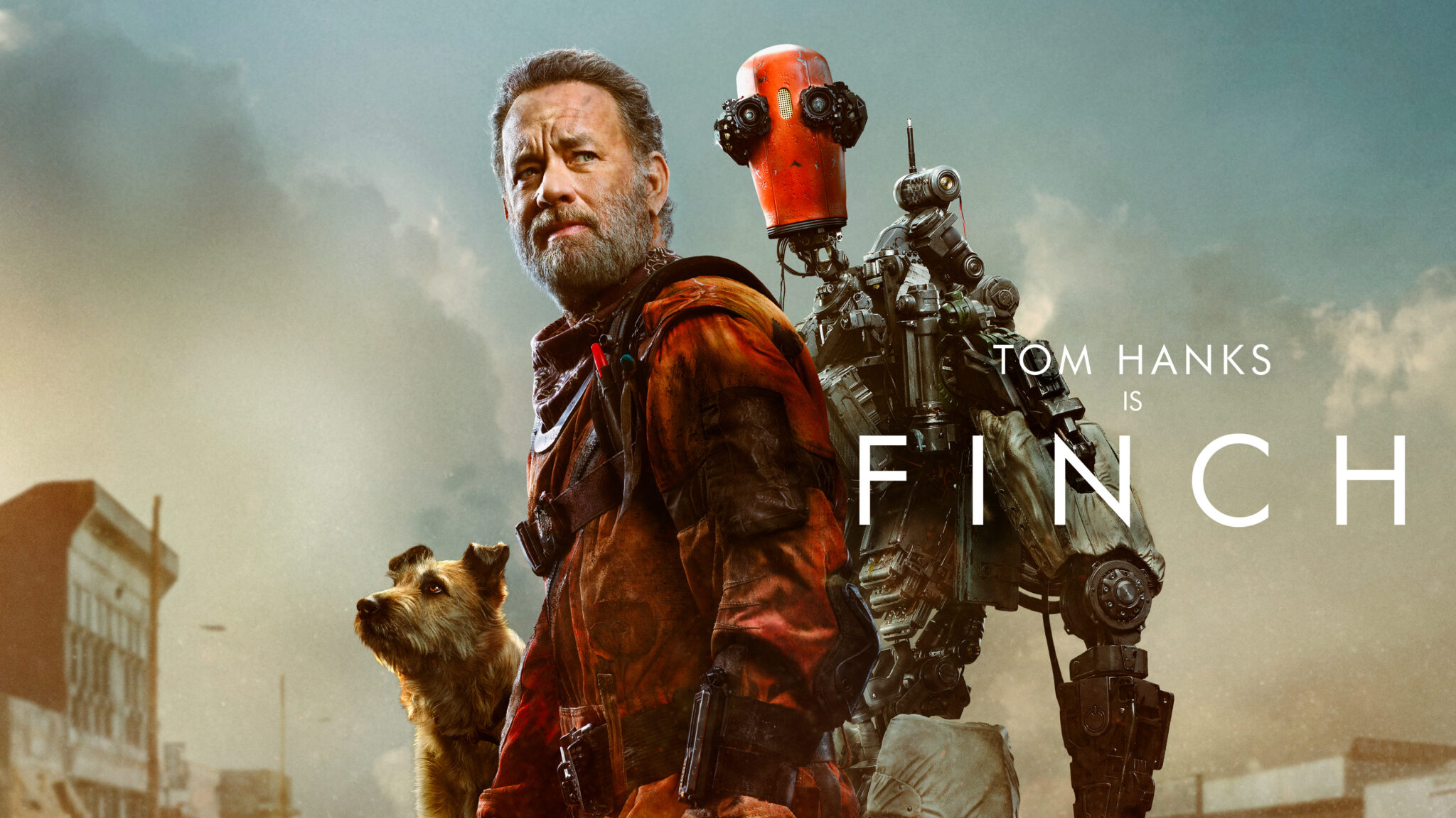 Das Banner zu Finch zeigt Tom Hanks und seine Begleiter: einen Roboter mit rotem Kopf und einen Hund