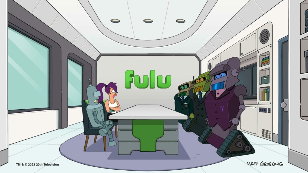 Leela und Bender sitzen mit den Robotern der Chefetage von Hulu an einem Konferenztisch in einem weißen Raum - Futurama - Staffel 11