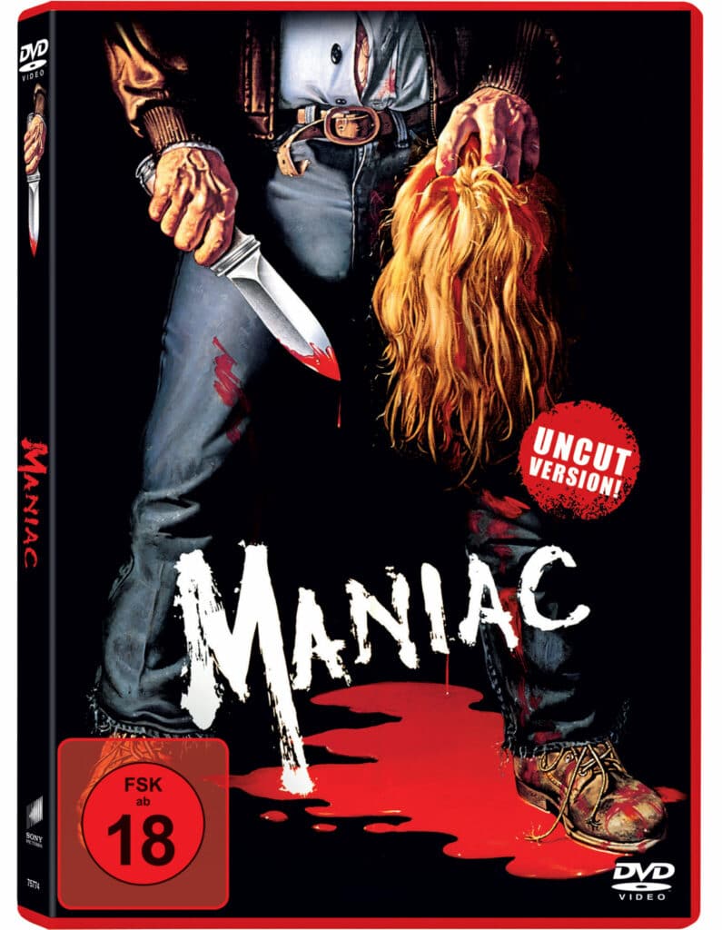 Das DVD-Cover von Maniac mit FSK-18-Siegel und Uncut-Aufkleber zeigt als Artwork den Killer Frank Zito vom Rumpf ab abwärts, in der rechten Hand ein großes Messer, in der linken ein Haarschopf.
