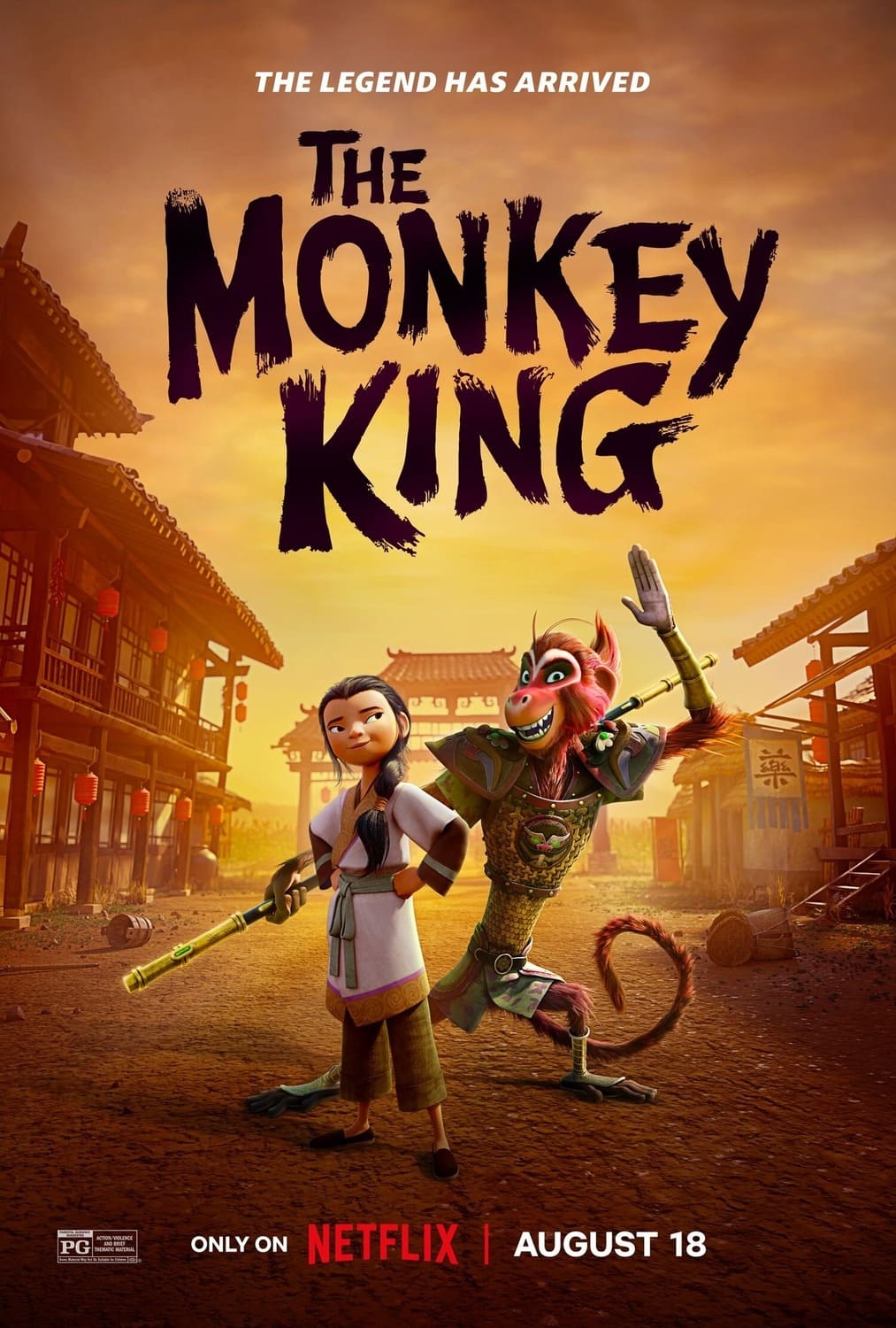 Auf dem Plakat ist der Affenkönig, welcher grinsend seine Hand zum Gruß hebt, mit seiner eher ernst dreinblickenden Assistentin Lin zu sehen - The Monkey King