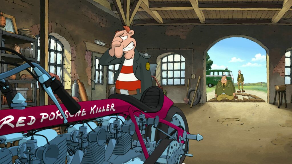 Andi steht in der Werkstatt vor Werners Motorrad und hält sich die Hand den Kopf, Werner - Eiskalt!