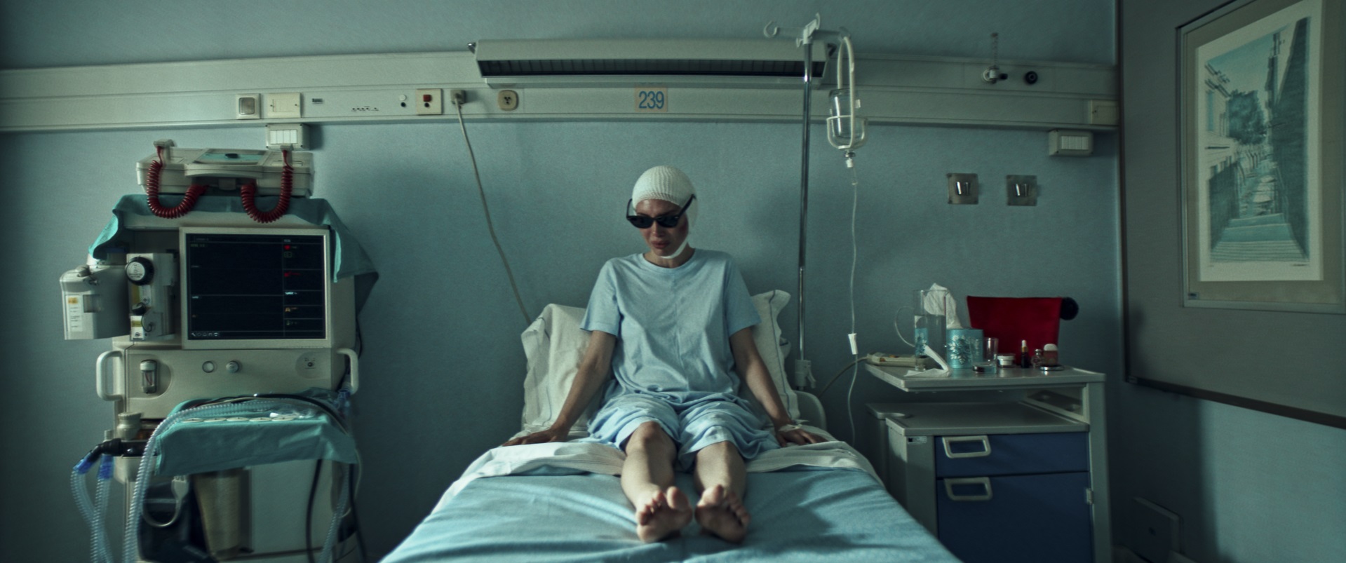 Auf dem Bild erkennt man Diana nach ihrem Autounfall, wie sie im Krankenbett liegt, ihr Kopf bandagiert und über ihren Sehverlust trauert - Dark Glasses